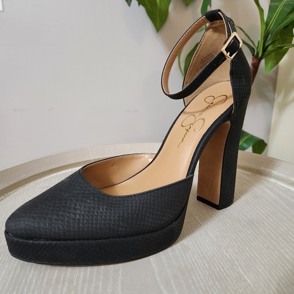 NEW Jessica Simpson Ankle Platform Embossed Leather Pumps Black 10
